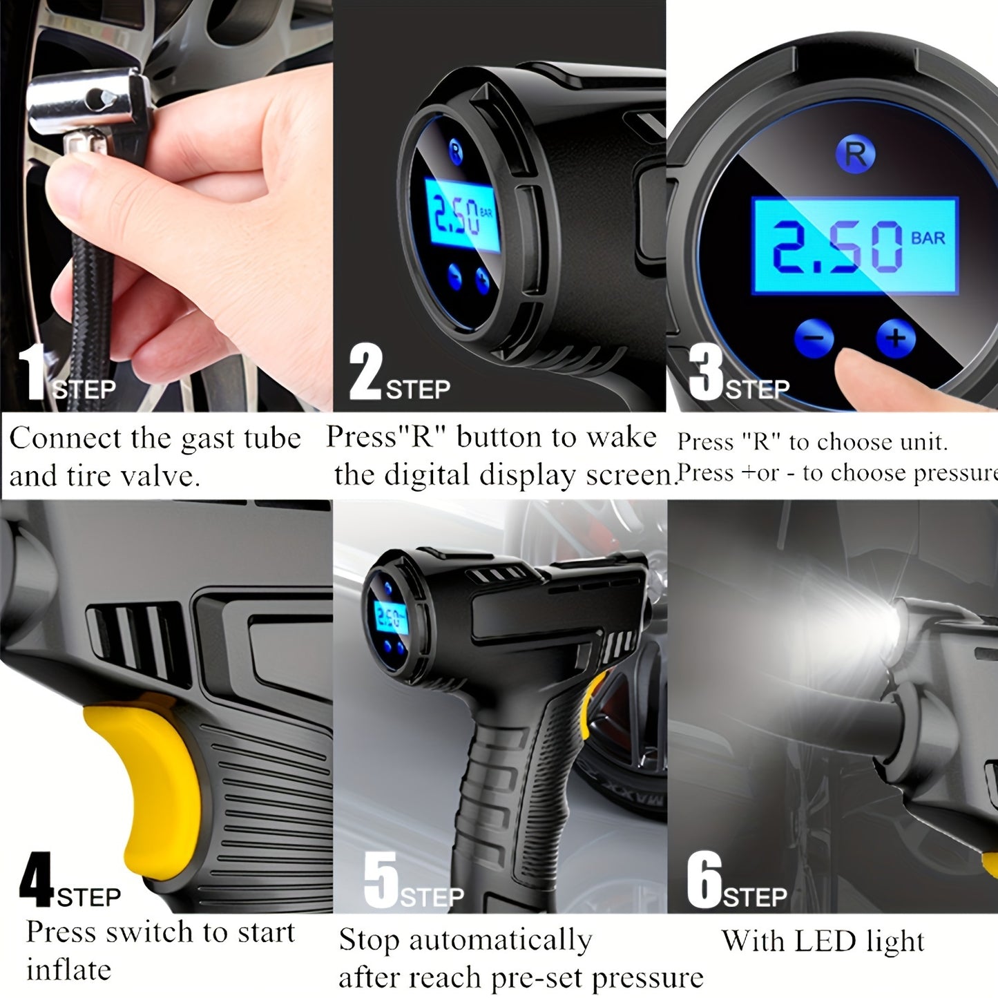 1 Pcs Portable Digital Tire Inflator - Compact USB Rechargeable Air Compressor with LED Light, Multi-Functional Nozzle Adaptors, and Long-Lasting Lithium Battery for Car, Motorcycle, Bicycle, and Ball Inflation