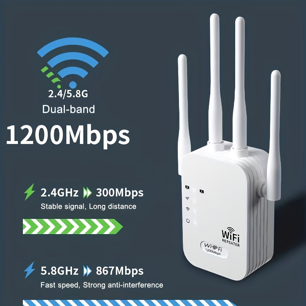 Ultra-Powerful 6x WiFi Range Extender - 1200Mbps Dual Band, Covers 9000 Sq Ft, Supports 35 Devices, 1-Tap Setup, 4 Antenna 360° Coverage, Ethernet Port