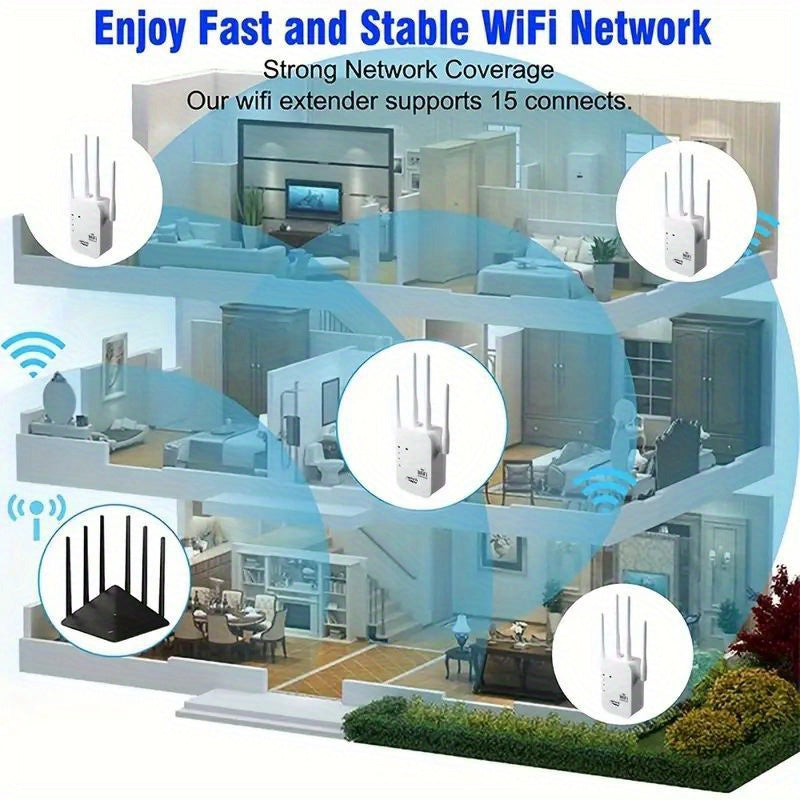 Ultra-Powerful 6x WiFi Range Extender - 1200Mbps Dual Band, Covers 9000 Sq Ft, Supports 35 Devices, 1-Tap Setup, 4 Antenna 360° Coverage, Ethernet Port