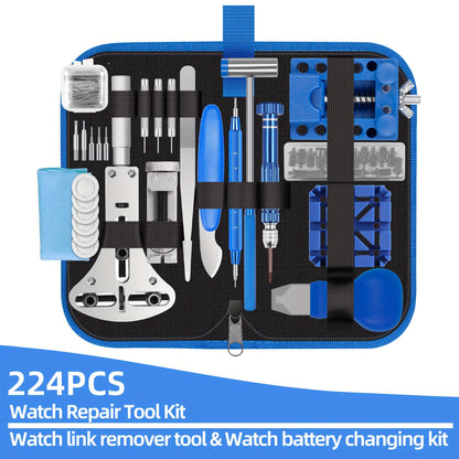 224pcs Professional Watch Repair Kit Set - Comprehensive Tool Collection for Battery Replacement, Spring Bar, and Band Link Pin Adjustment - Portable Carrying Case Included