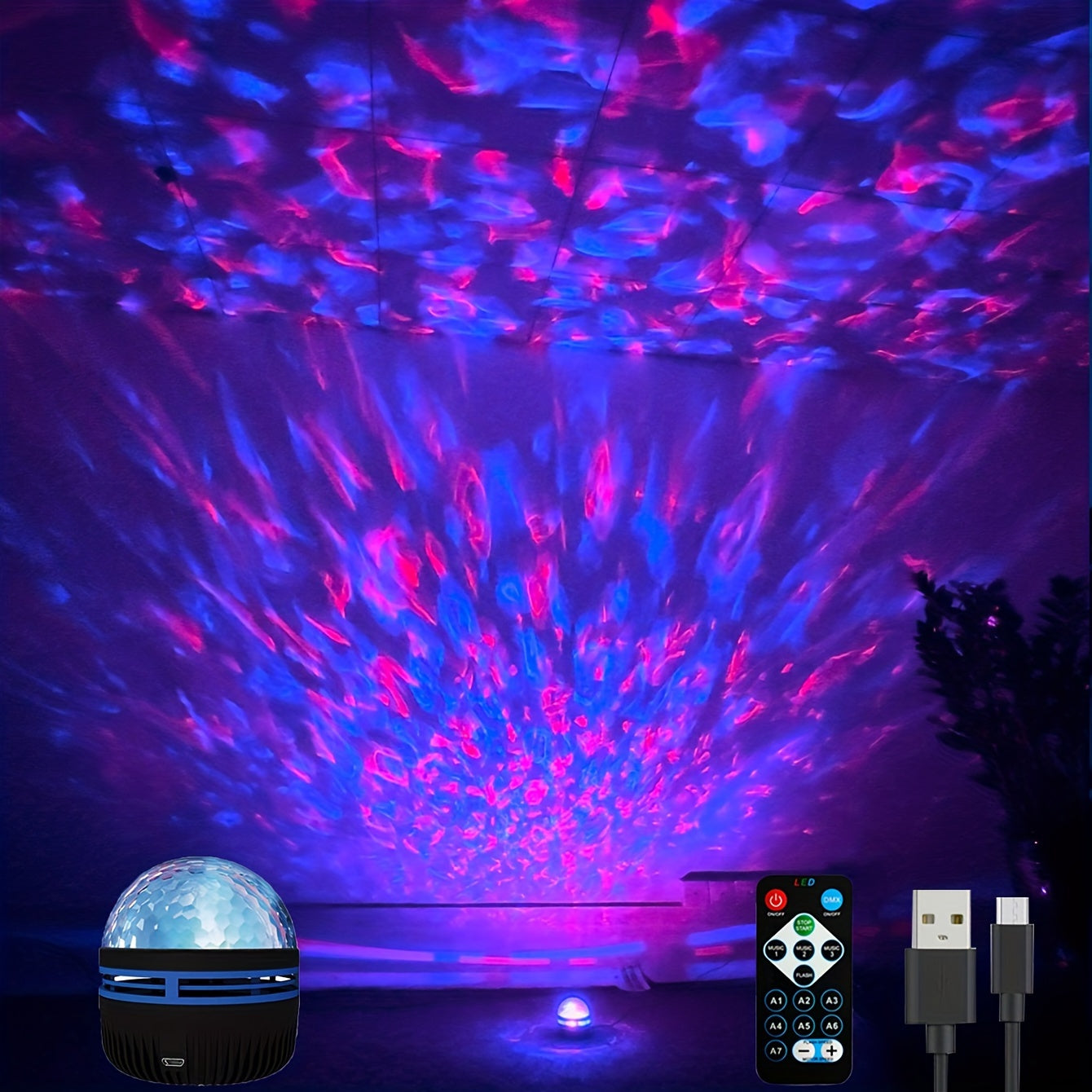 1pc LED Water Wave Galaxy Star Projector - Projection Effects with Multicolor Remote Control, Room Decor, and Night Light Functions - Perfect for Bedroom, Christmas, Valentine's Day, Camping, and Wedding Decorations