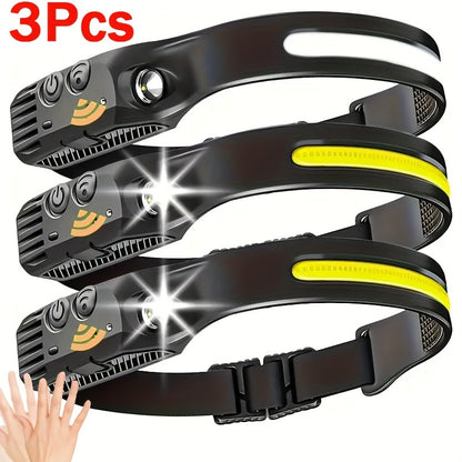 3PCs COB&LED Headlamp, Multi-mode Induction Headlight, Outdoor Motion Sensor Headlamp, Rechargeable for Running Camping Hiking Etc