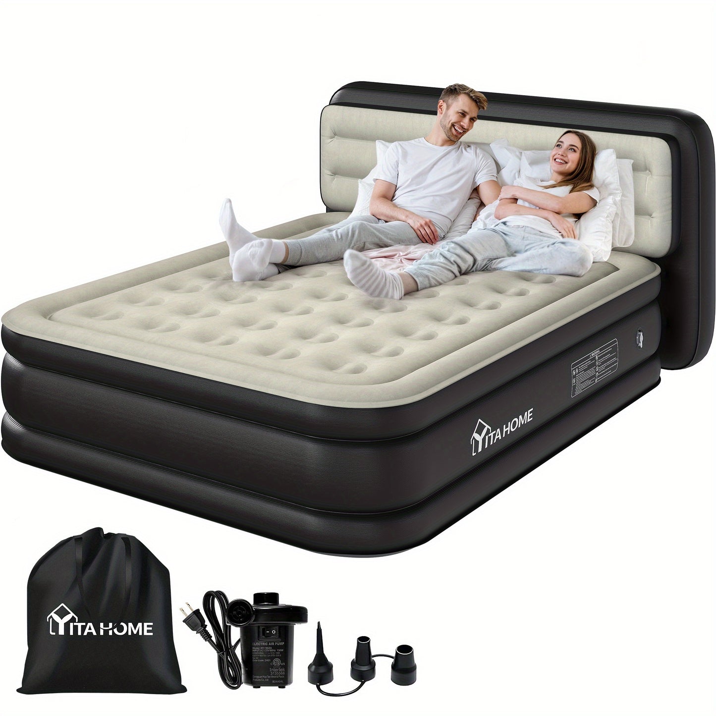 Vertical backrest inflatable mattress|black bed side + gray top|Queen, inflatable bed size 76.77*59.84*15.75inch, load- bearing over 551.16LB, material thickness 0. 35mmPVC+top 0. 2mm flocking