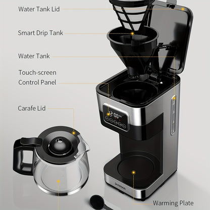 10-Cup Stainless Steel Programmable Drip Coffee Maker - Touch-Screen Control, Pause & Serve Function, Black Finish, Compact Design for Space-Saving, Easy Cleaning and Maintenance