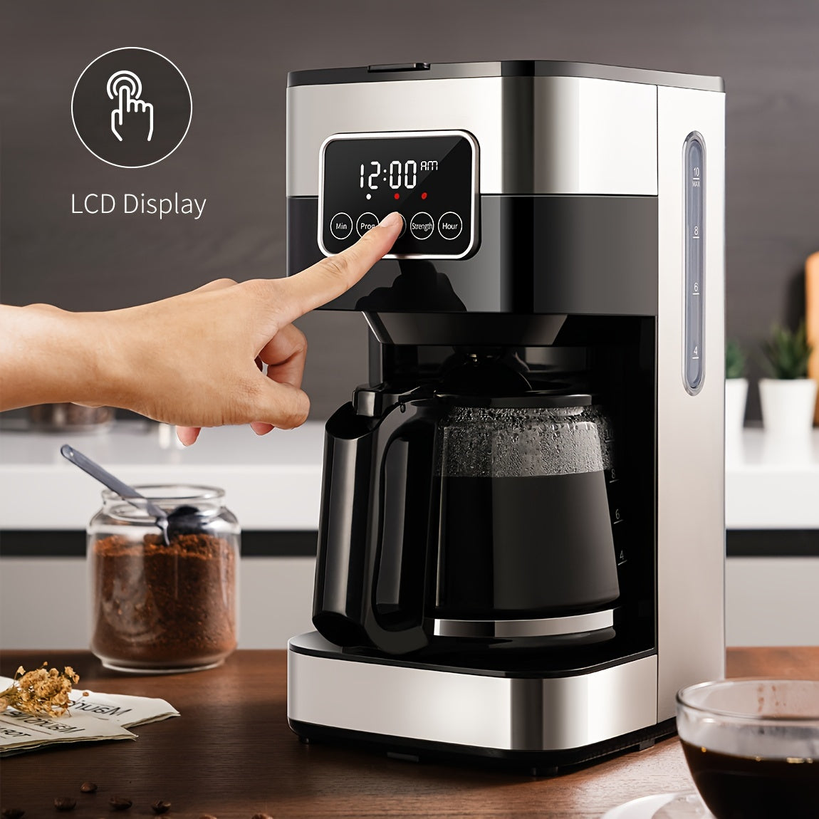 10-Cup Stainless Steel Programmable Drip Coffee Maker - Touch-Screen Control, Pause & Serve Function, Black Finish, Compact Design for Space-Saving, Easy Cleaning and Maintenance