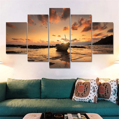 Wall Art Canvas Prints 5 Piece Seascape Painting Sunset Beach Boat Posters on the Wall Aesthetic Room Decor Bedroom Decoration