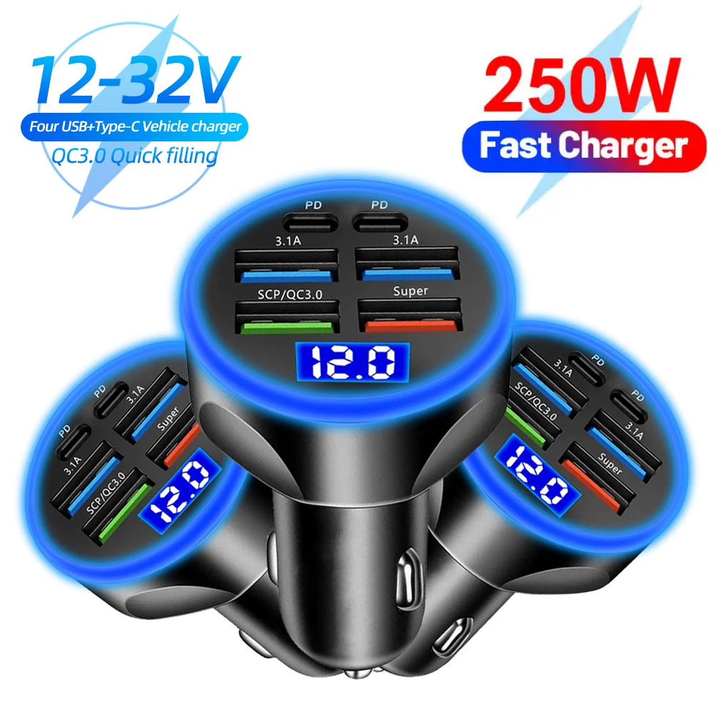 100W 6 Ports Car Charger Fast Charging PD QC3.0 USB C Car Phone Charger Type C Adapter in Car For iPhone Samsung Huawei Xiaomi