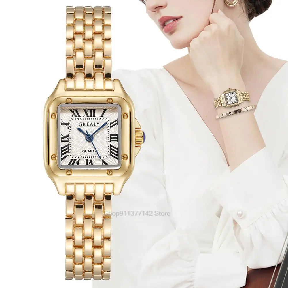 2024 Luxury Women's Fashion Square Watches Gold Alloy Strap Ladies Quartz Wristwatches Qualities Female Roman Scale Clock