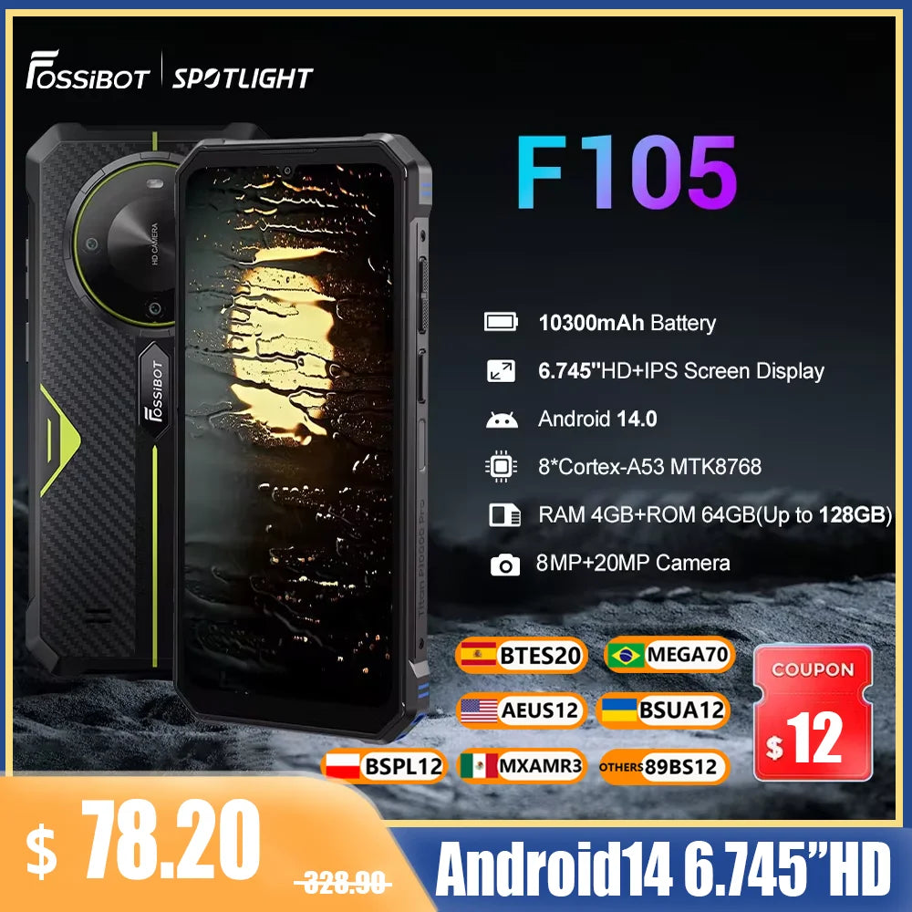 [World Premeire]FOSSiBOT F105 Rugged Smartphone Android 14 OS 10300mAh 12+64GB Mobile Phone 20 MP Camera 6.745" HD+ IPS Phone