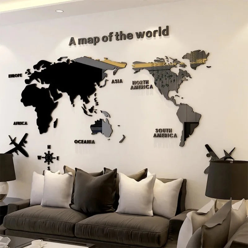 World Map Wall 3D Acrylic Wall Stickers Three-dimensional Mirror Stickers Bedroom Office Background Wall Decoration Stickers