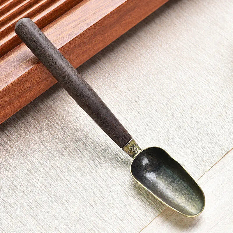 Wooden Handle Tea Shovel Tea Spoon,Tin Alloy Ebony Coffee Scoops Tableware Teaspoons,Easy Clean Anti Sprinkle Tea Spoon