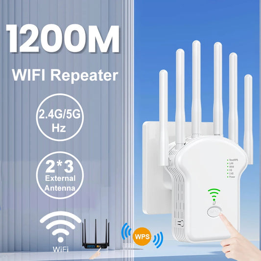 1200Mbps WiFi Repeater Wireless WiFi Signal Repeater Extender High Gain 6 Antenna Dual-Band 2.4G 5G Network Amplifier WPS Router