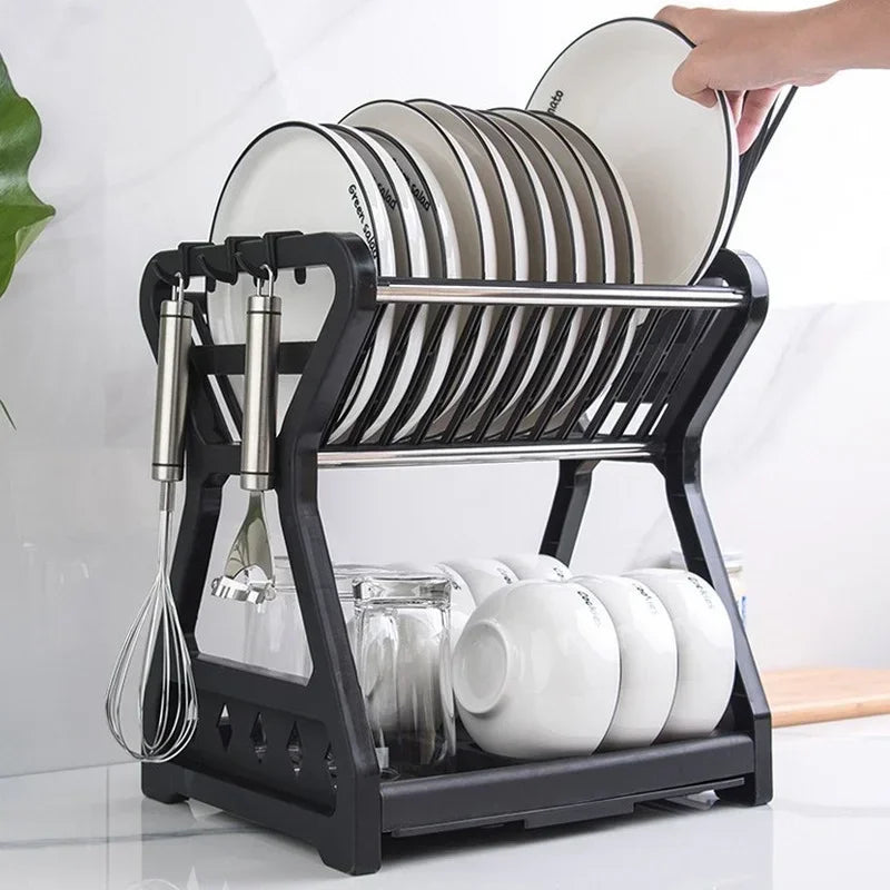 2021 New Double-layer Kitchen Dish Bowl Draining Storage Rack with Chopstick Cage Household Tableware Organizer Tray Box Basket