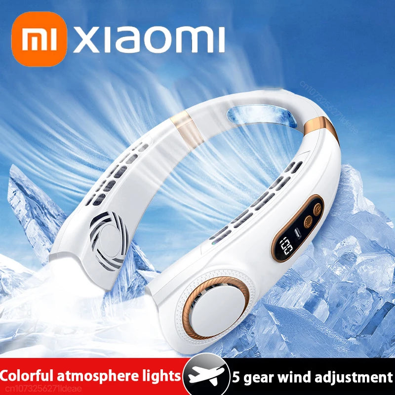 Xiaomi MIJIA Portable Neck Fan USB Handheld Mute LED Digital Display Leafless Mini Electric Fan Colorful Atmosphere Lights