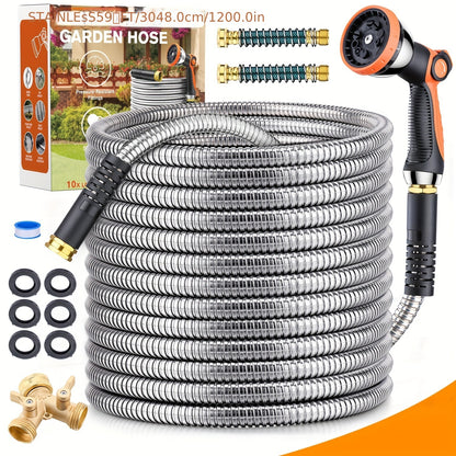 100FT Metal Garden Hose-304 Stainless Steel Water Hose- Heavy Duty Flexible Kink Free Hose, No Bite