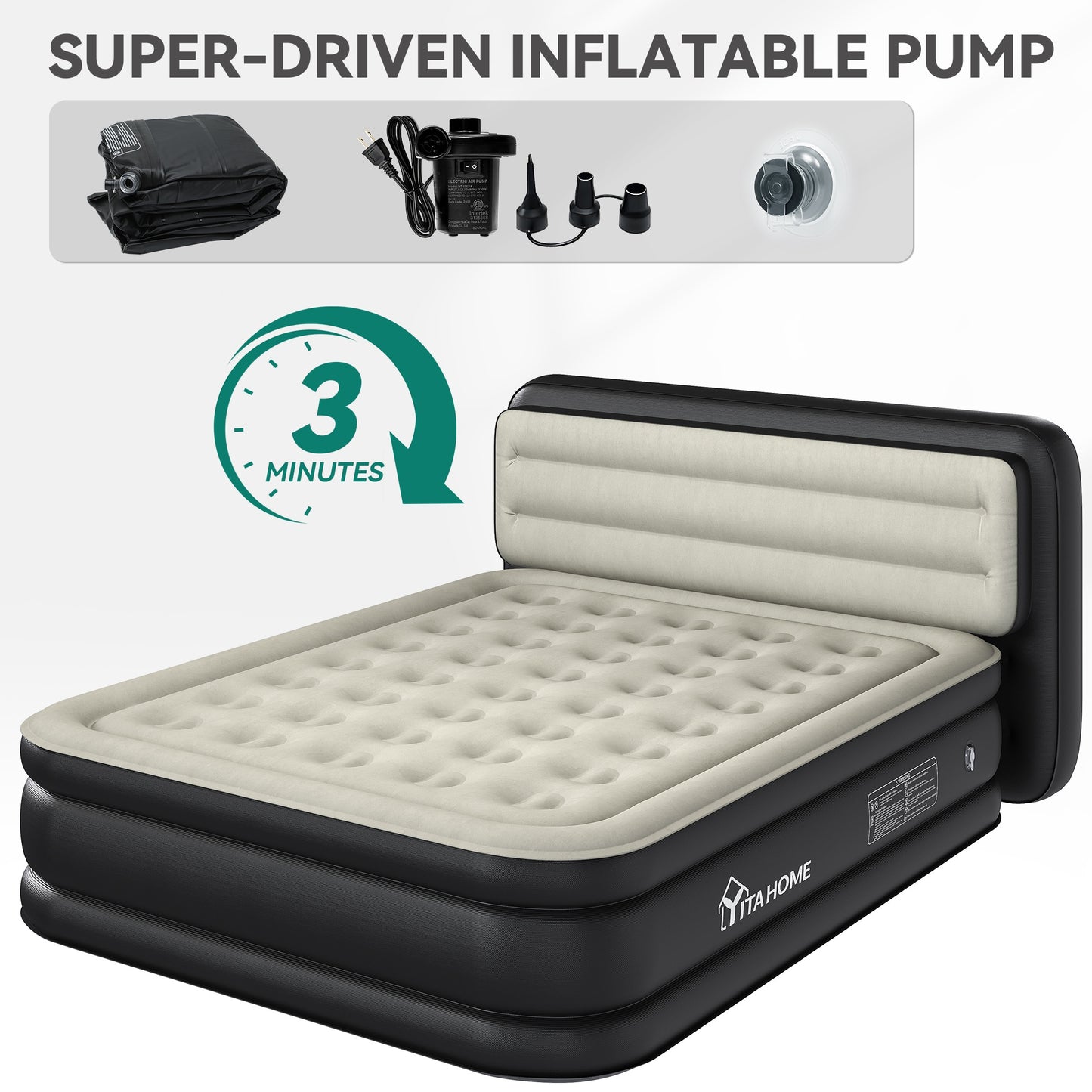 Vertical backrest inflatable mattress|black bed side + gray top|Queen, inflatable bed size 76.77*59.84*15.75inch, load- bearing over 551.16LB, material thickness 0. 35mmPVC+top 0. 2mm flocking