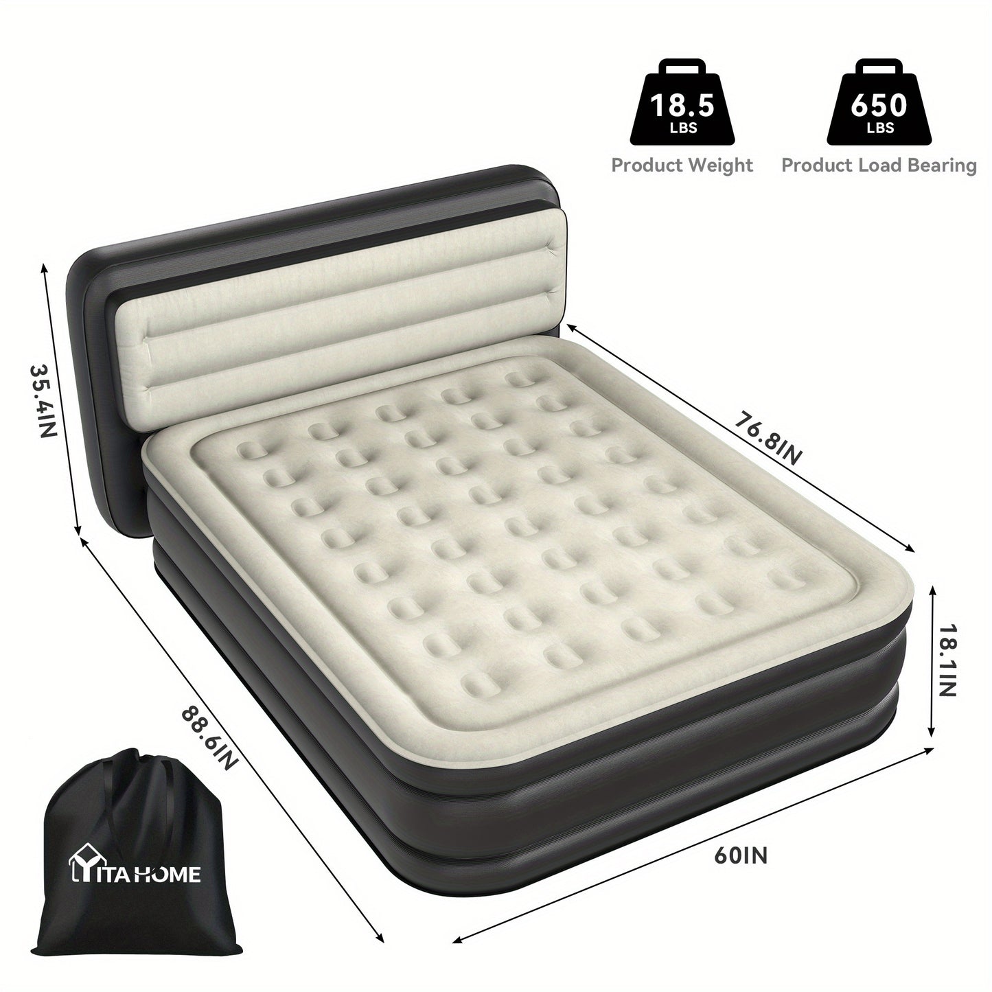 Vertical backrest inflatable mattress|black bed side + gray top|Queen, inflatable bed size 76.77*59.84*15.75inch, load- bearing over 551.16LB, material thickness 0. 35mmPVC+top 0. 2mm flocking