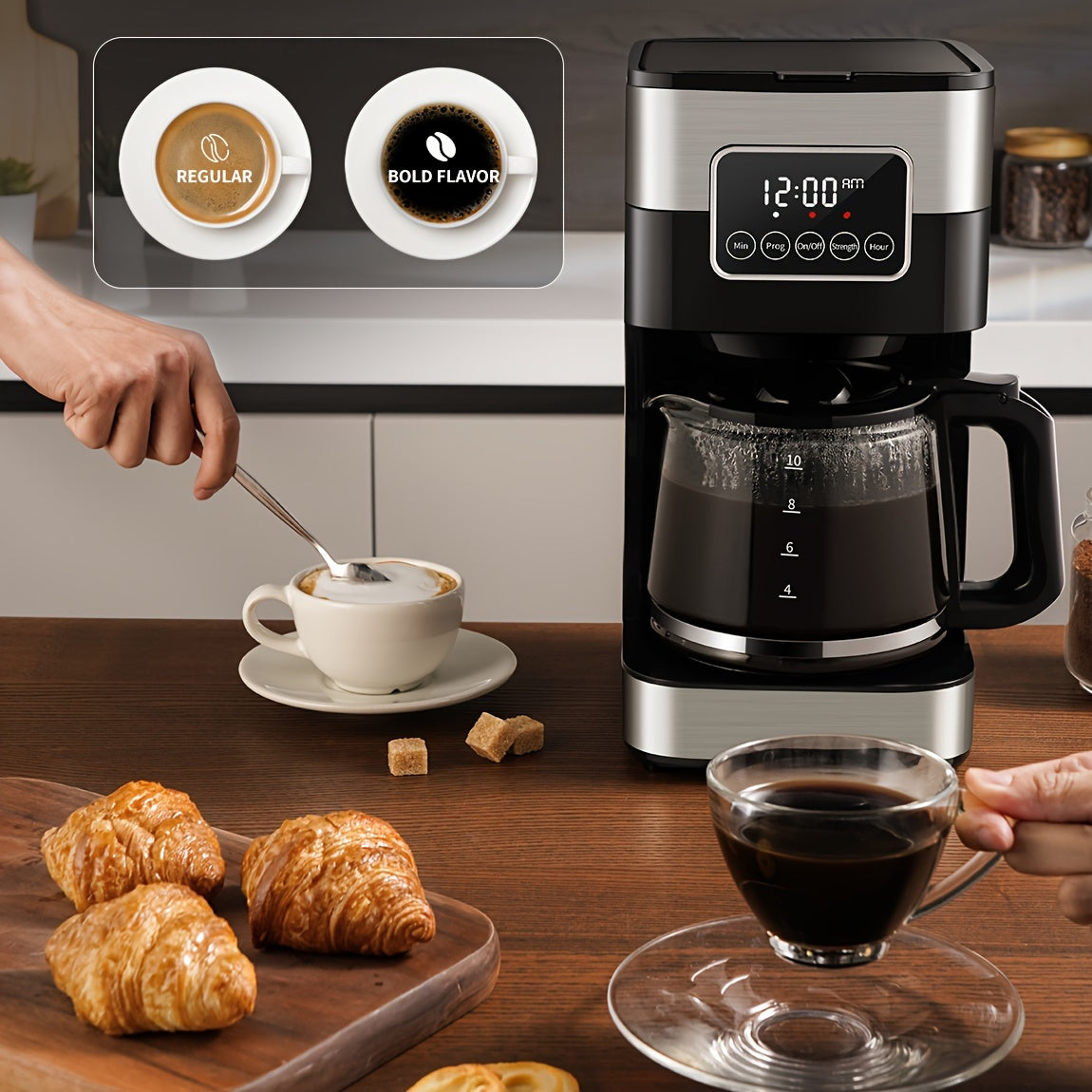 10-Cup Stainless Steel Programmable Drip Coffee Maker - Touch-Screen Control, Pause & Serve Function, Black Finish, Compact Design for Space-Saving, Easy Cleaning and Maintenance