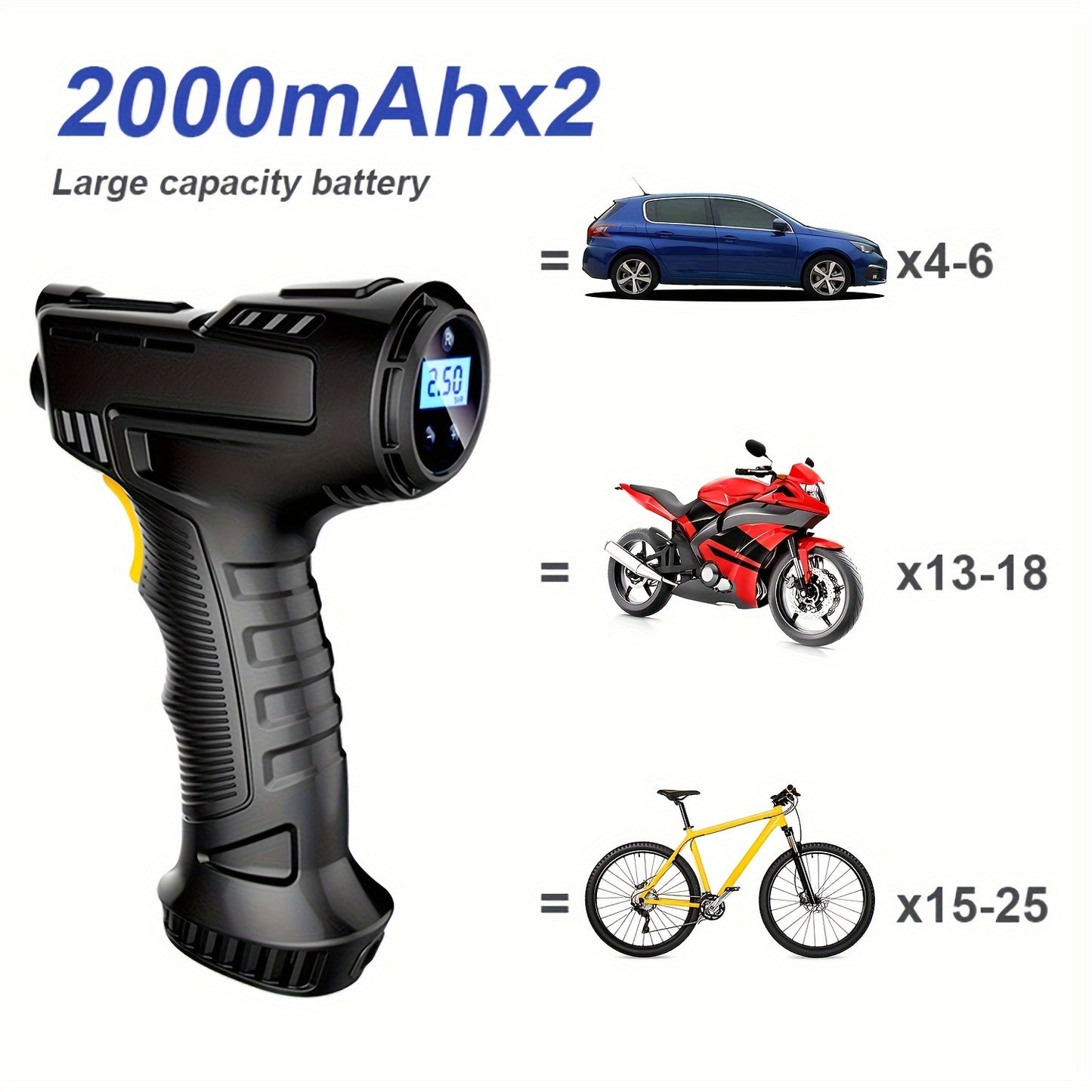 1 Pcs Portable Digital Tire Inflator - Compact USB Rechargeable Air Compressor with LED Light, Multi-Functional Nozzle Adaptors, and Long-Lasting Lithium Battery for Car, Motorcycle, Bicycle, and Ball Inflation